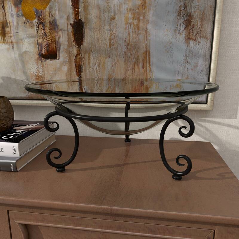 Clear Tempered Glass Kitchen Serving Bowl with Black Metal Scroll Stand