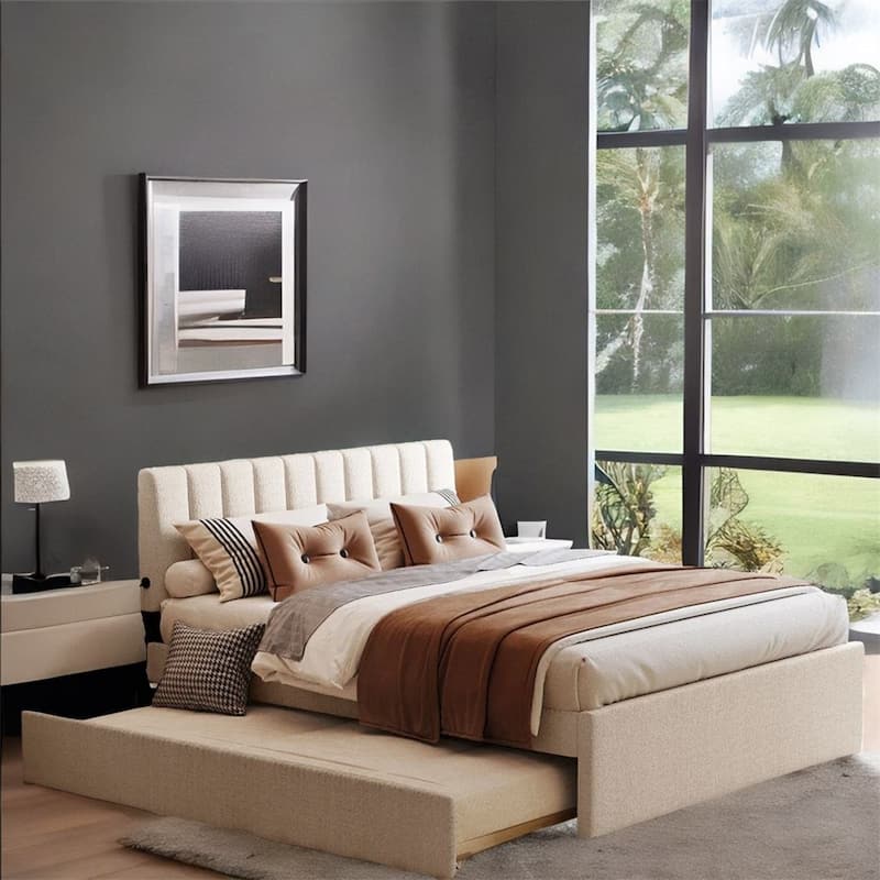 Queen Size Upholstered Platform Bed with Trundle and LED Bed Frame - Beige