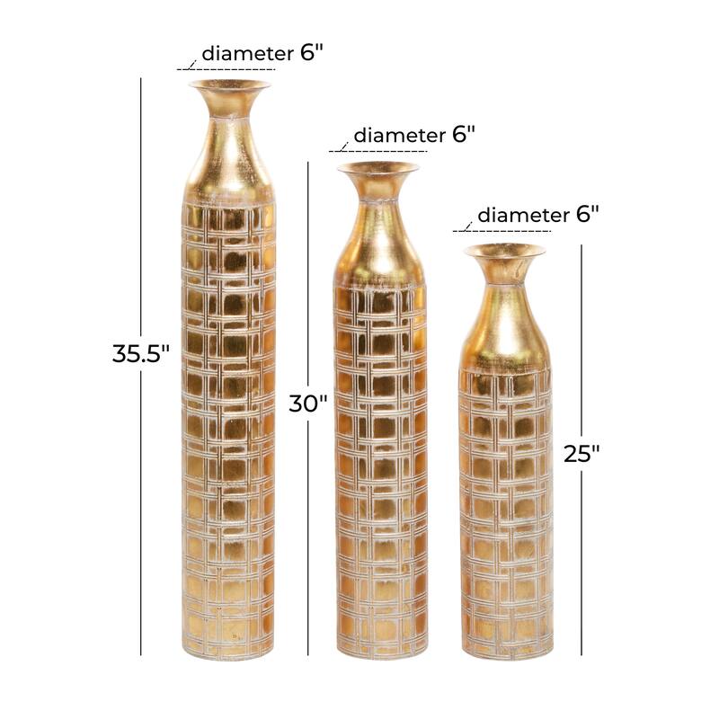 Metal Tall Distressed Metallic Vase with Etched Grid Patterns - Set of 3 Gold - Roche River Decor - 6"Wx6"Lx35"H