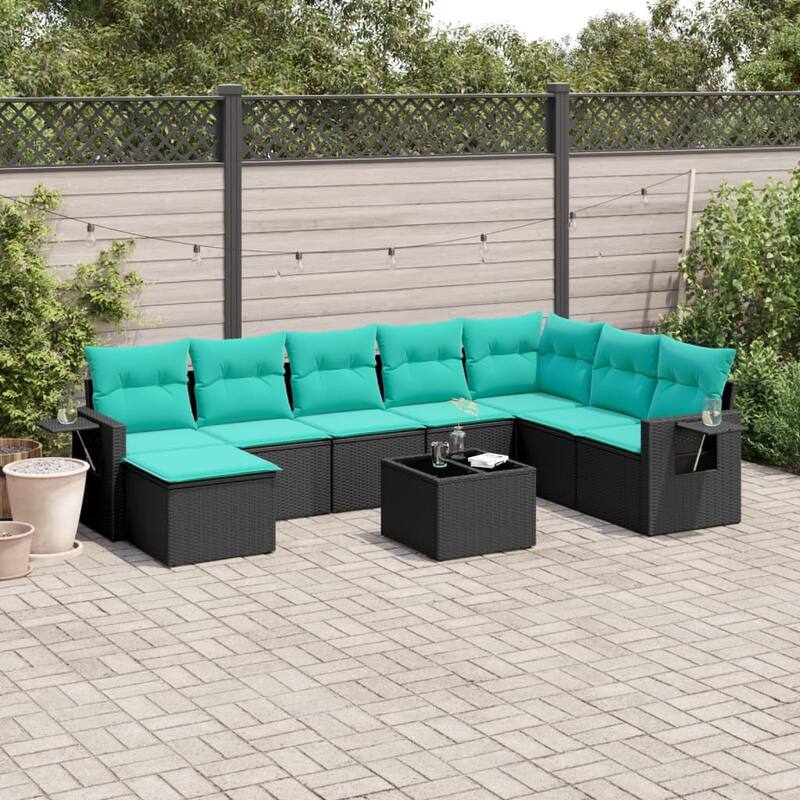 vidaXL 8 Piece Patio Sofa Set with Cushions Black Poly Rattan - 21.7x27.2x24.4-With table