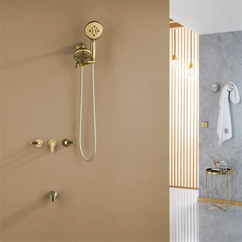 Wall Mounted Shower Faucet with Tub Spout, Complete Brushed Gold Dual Head Tub Shower System Wth Handheld Shower