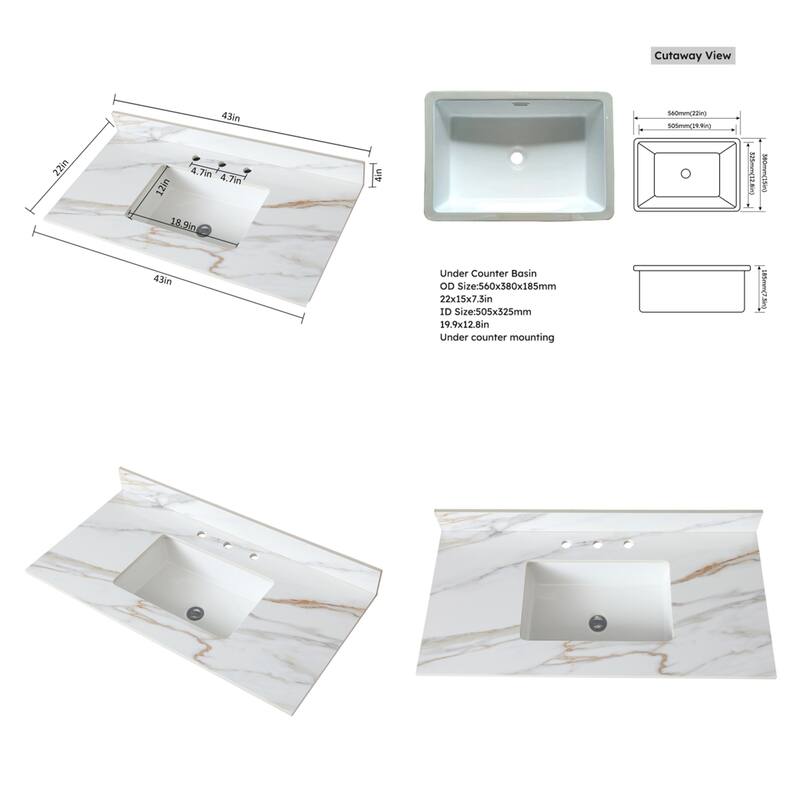 43" Bathroom Marble Undermount Vanity Top with 4" Height Backsplash