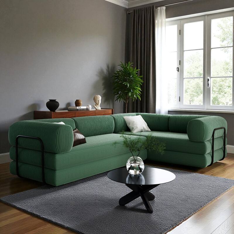 115" L-Shaped Modular Corduroy Sofa Bed with Adjustable Cushions, Modern Sleeper Couch for Living Room & Apartment - Green