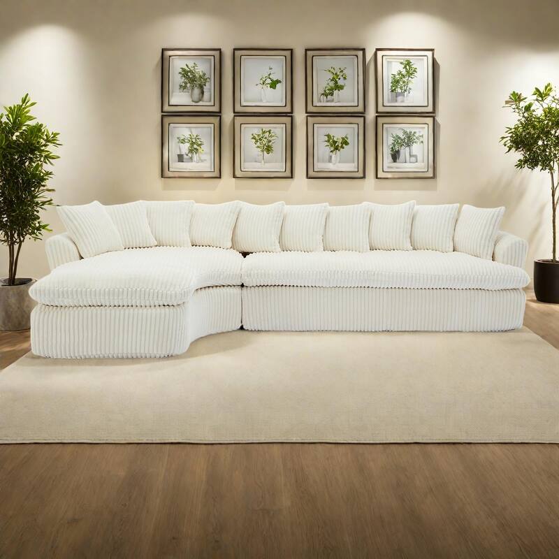 127"Corduroy L-Shaped Sectional Sofa with High-Resilience Foam, 10 Back Cushions, and No Assembly Required - Beige
