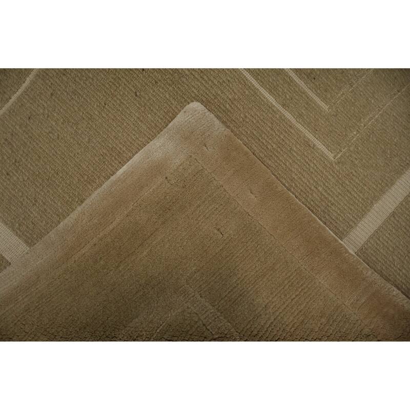 Hand Knotted Oriental Wool & Silk Carpet Modern Geometric Beige & Ivories Nepalese Area Rug - 10' 0'' X 8' 1''