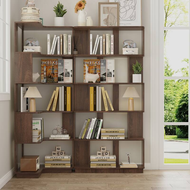 Set Of 2 Free Combination Bookcase Space Saving Corner Bookshelf, L-Shaped Bookcase + I-Shaped Bookcase - Dark Brown