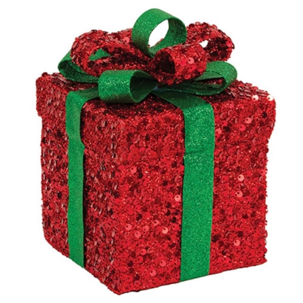 Red Glittered Gift Box Christmas Decor with Sequined Finish and Green Ribbon Bow Lightweight Wire Frame
