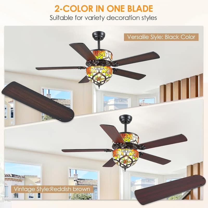 50" TiffanyTropical Ceiling Fan with 5 Palm Leaf Bllades and Vintage Cover Waterproof for Indoor and Outdoor Patio
