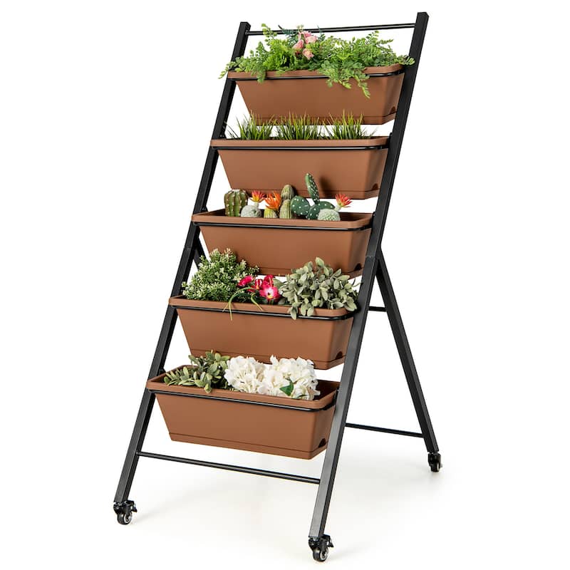 Costway 5-Tier Vertical Raised Garden Bed Elevated Planter with Wheels - See Details - Brown - See Details
