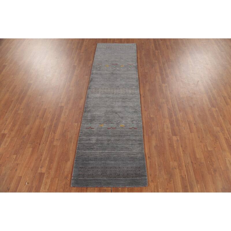 Gray Gabbeh Runner Rug Hand-Knotted Wool Carpet - 2'8"x 9'6"