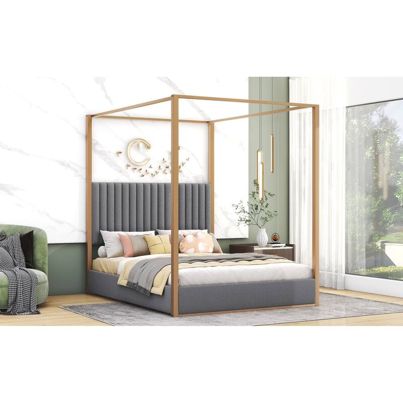 Queen Upholstered Canopy Bed with Headboard, Metal Frame, and Linen Upholstery, 4-Poster Modern Design, Easy Assembly