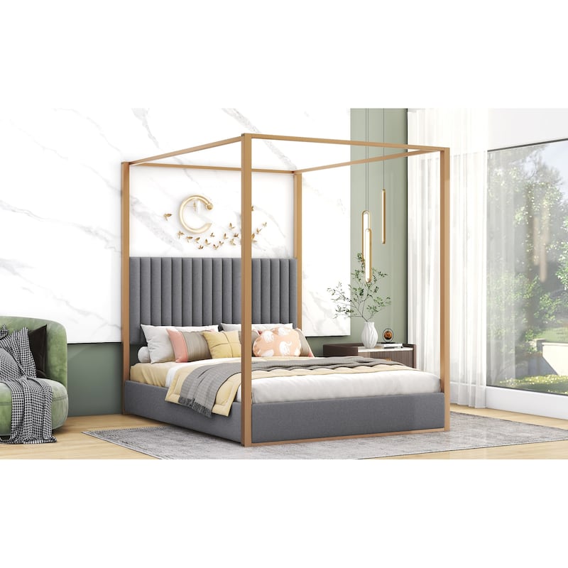 Upholstery Metal Frame Canopy Platform Bed with Headboard