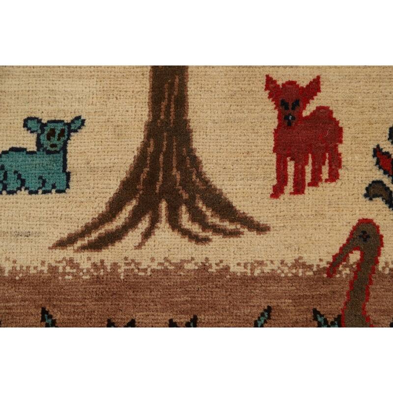 Animals Pictorial Kazak Oriental Foyer Rug Handmade Beige Wool Carpet - 2'0" x 3'0"