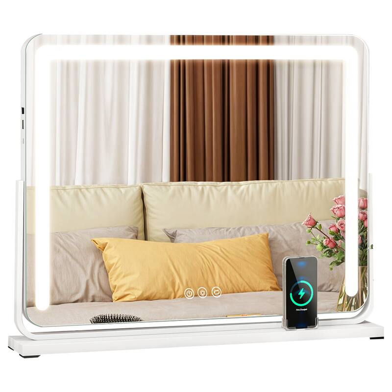 Moasis LED Lighted Makeup Mirror with Touch Screen 3 Colors Lighting Vanity Mirror w/ Wireless Charger and Speaker - 27" - Light Strip