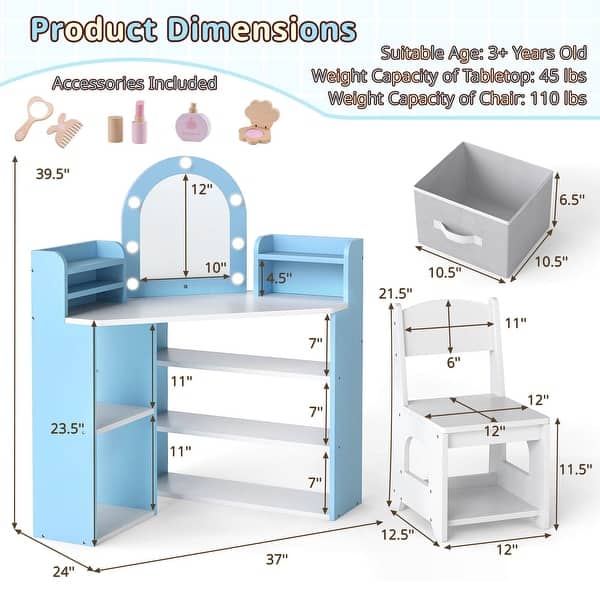 dimension image slide 1 of 2, Costway Corner Kids Vanity with Lights, 3 Storage Shelves, 5 Open - See Details