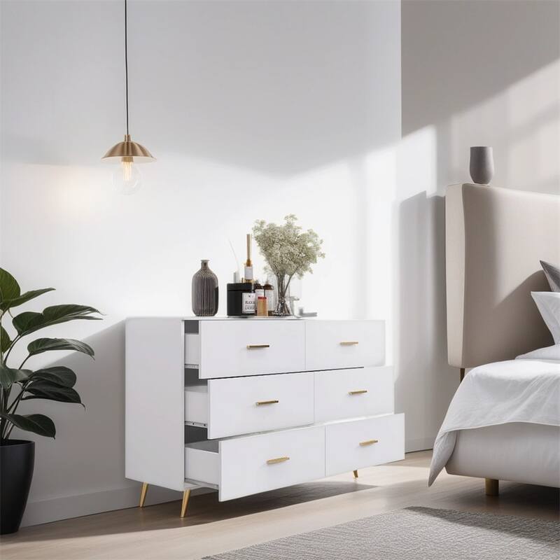 High Glossy Surface 6 Drawers Chest,w/Handle and Steel Legs,Vanity - White