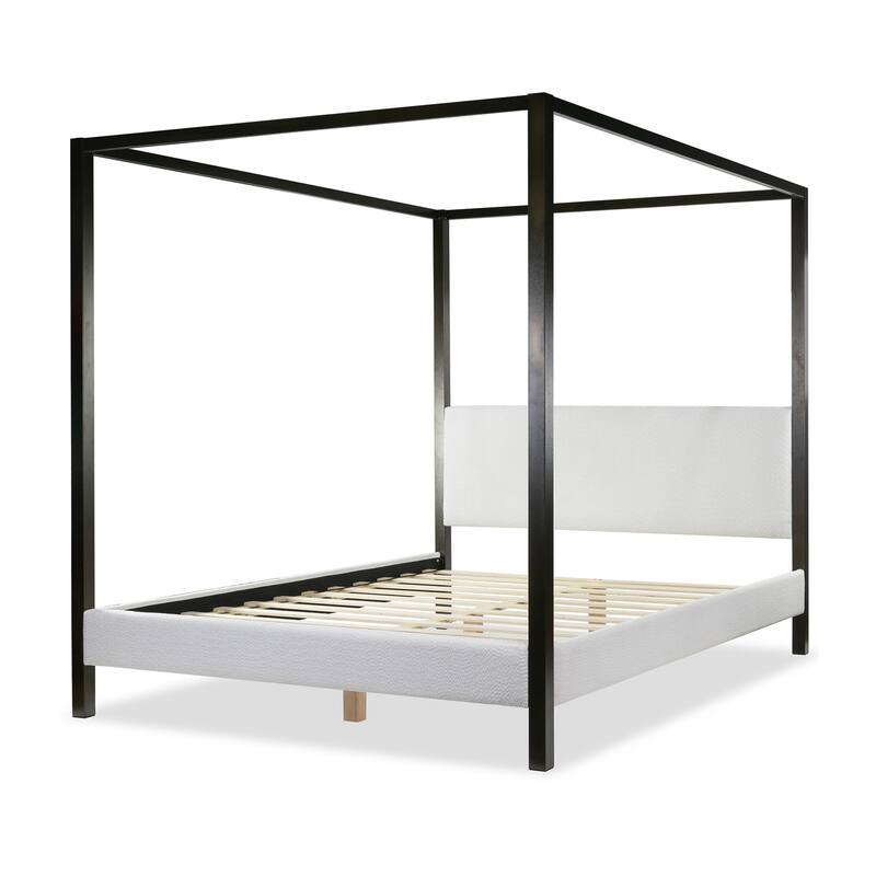 Beecher White Boucle Canopy Queen Bed with Iron Frame