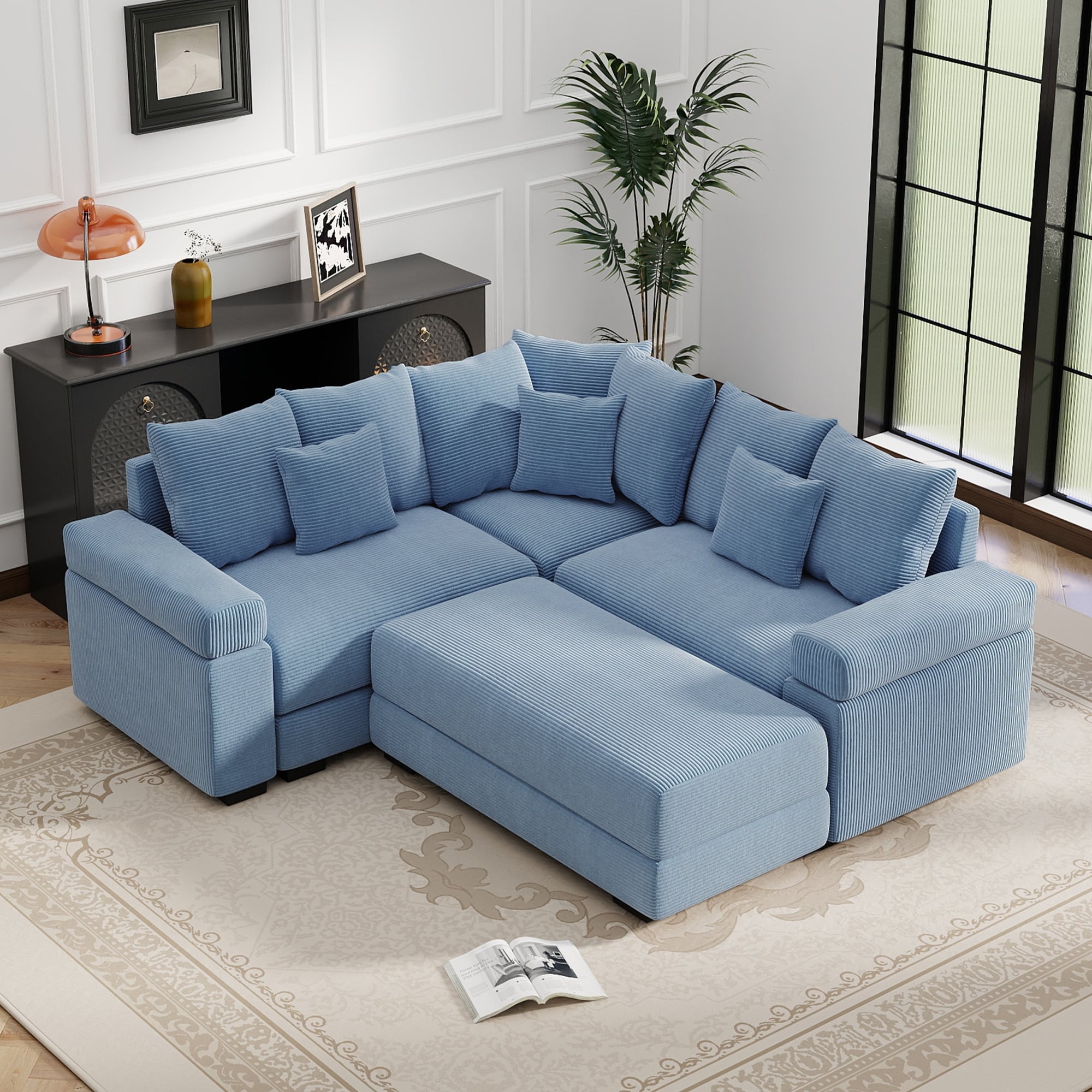GDFStudio - Corduroy 3-Seater 79.1" Cloud Modular Sectional Couch with Ottoman