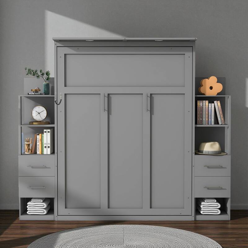 Queen Size Murphy Wall Bed with Shelves, Drawers and LED Lights, Space-Saving Foldable Bed for Guest Room or Home Office - Grey - Queen