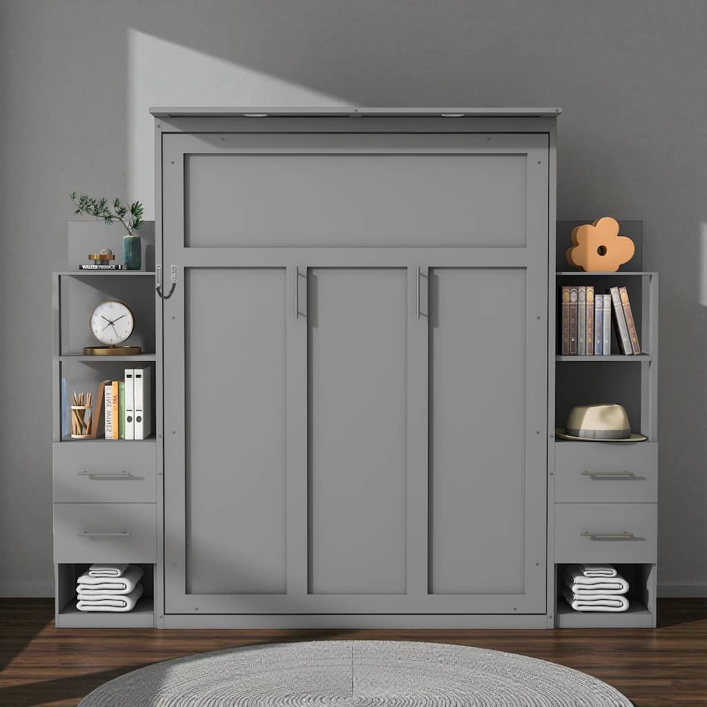 Queen Size Murphy Wall Bed with Shelves, Drawers and LED Lights, Space-Saving Foldable Bed for Guest Room or Home Office