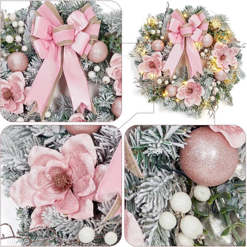 24 Inch Pink Christmas Wreath with Lights for Front Door - N/A