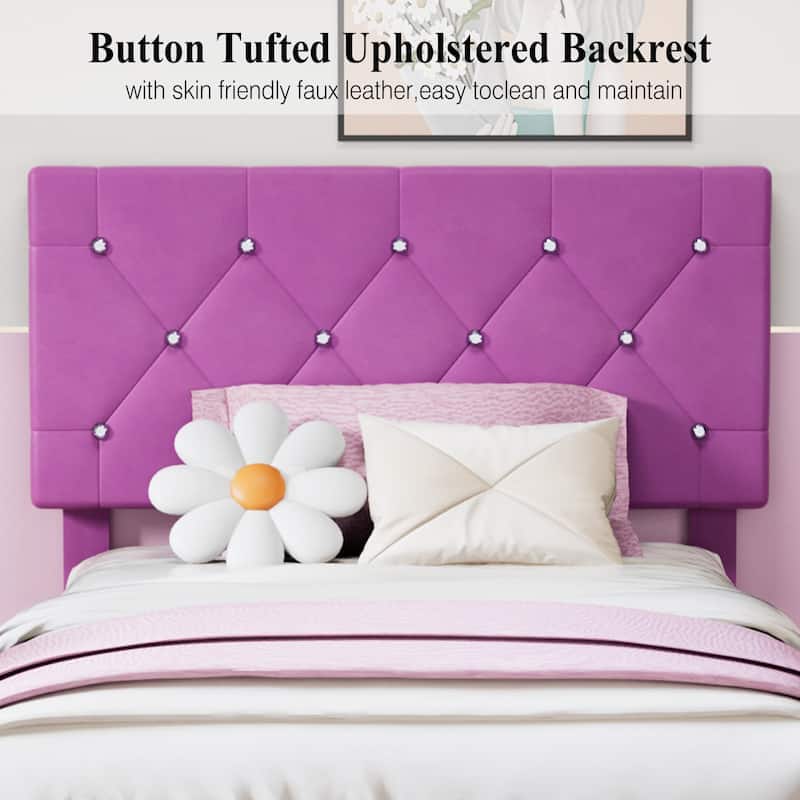 Javlergo 2-Piece Twin Bed Frame Set 39.4-45.3" Adjustable Height PU Leather Headboard with Diamond Embellishment Storage Drawer