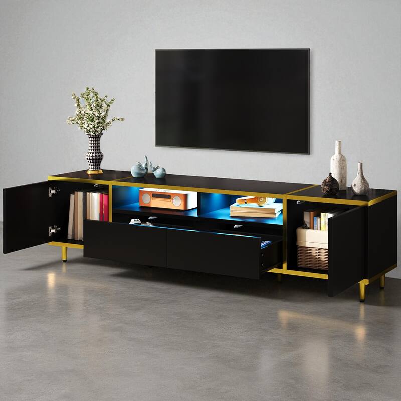 70.9" Modern TV Stand for TVs up to 80", LED Entertainment Center with 2 Cabinets, 2 Drawers, Shelves & Metal Legs
