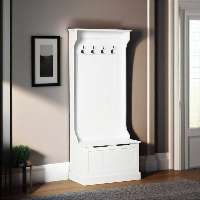 Hall Tree with Coat Rack and Sitting Bench - White