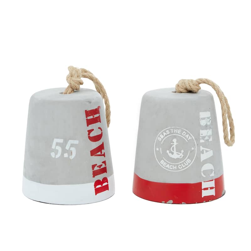 Gray Cement Stone Door Stopper Buoy Decorative Sculpture with Rope Accents (Set of 2) - 4 x 4 x 9