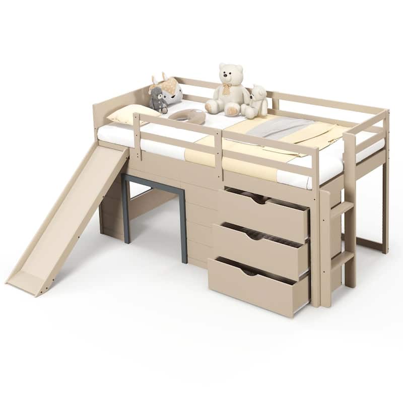 Twin Low Loft bed with Slide Ladder Storage Drawers Play Game Space - Beige & Grey