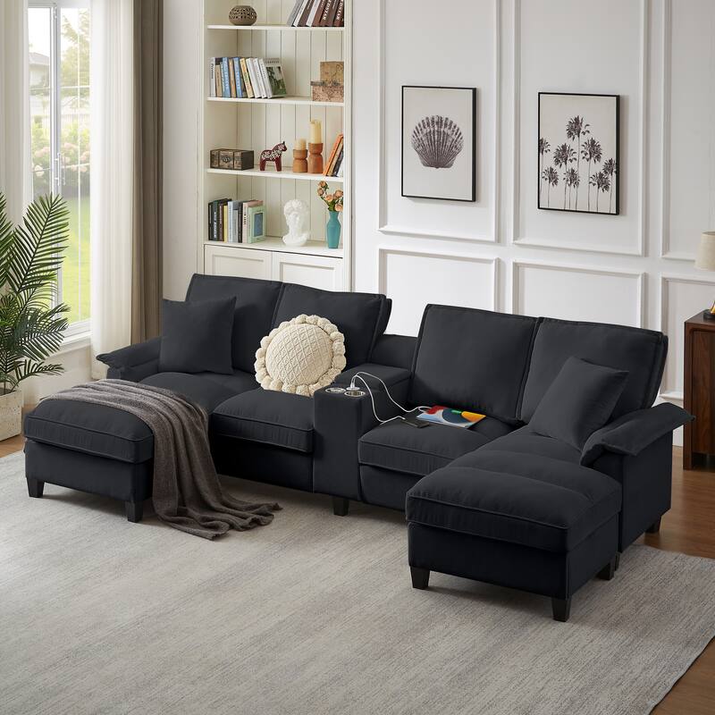 Sectional Sofa Bed Sleeper Sofa with Storage, U-Shaped 4-Seater Chaise Lounge Sofa with Cup Holders & USB Charge
