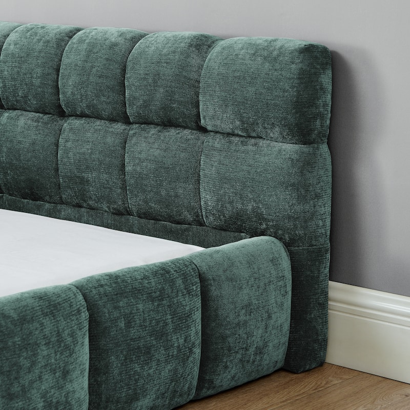 Block Thick Chenille Low Profile Platform Bed Fabric Upholstered Bedframe with Headboard Solid Wood Frame - Optional Storage Bed