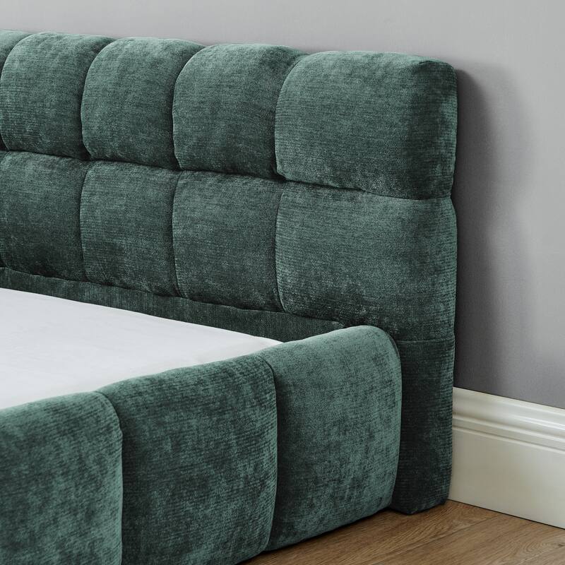 Roomfitters King Upholstered Low Platform Bed, Chenille Fabric Frame with Headboard, No Box Spring Needed