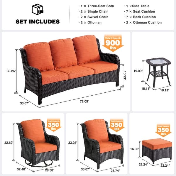 dimension image slide 2 of 6, OVIOS 8-Piece Wicker Swivel Chair Patio Conversation Set