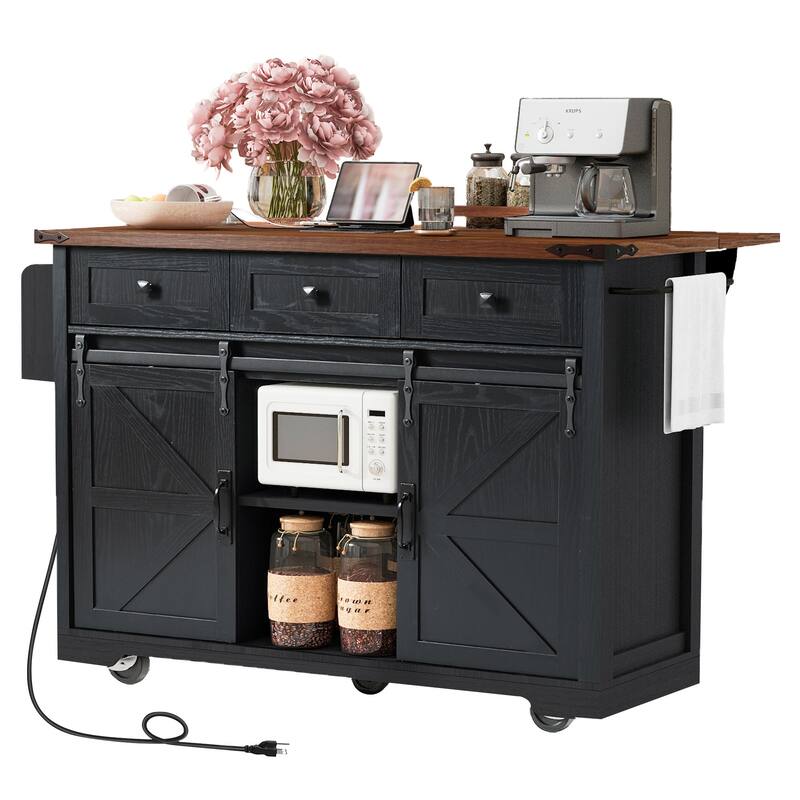 53.7'' Particle Board Farmhouse Kitchen Island with Power Outlet, Drop Leaf, Spice Rack, Rolling Wheels and Drawers