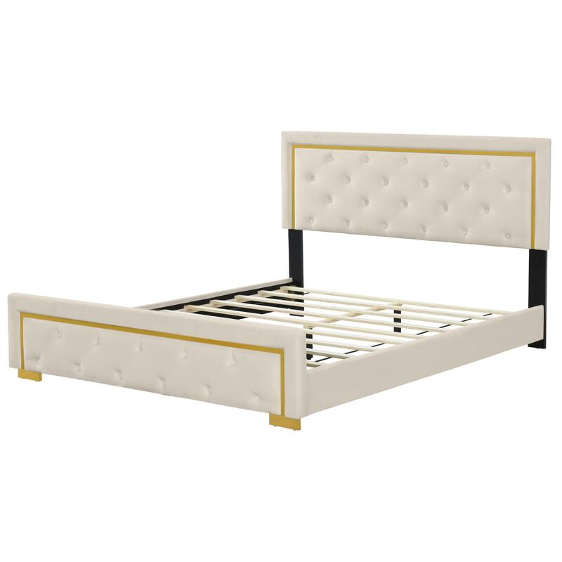 Velvet Upholstered Platform Bed With Pull Point Headboard And Metal Wire Frame