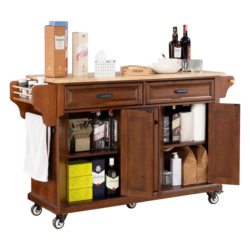Kitchen Island with Rubber wood Countertop, Kitchen Cart on 5 Wheels with Storage Cabinet and 2 Top Drawers