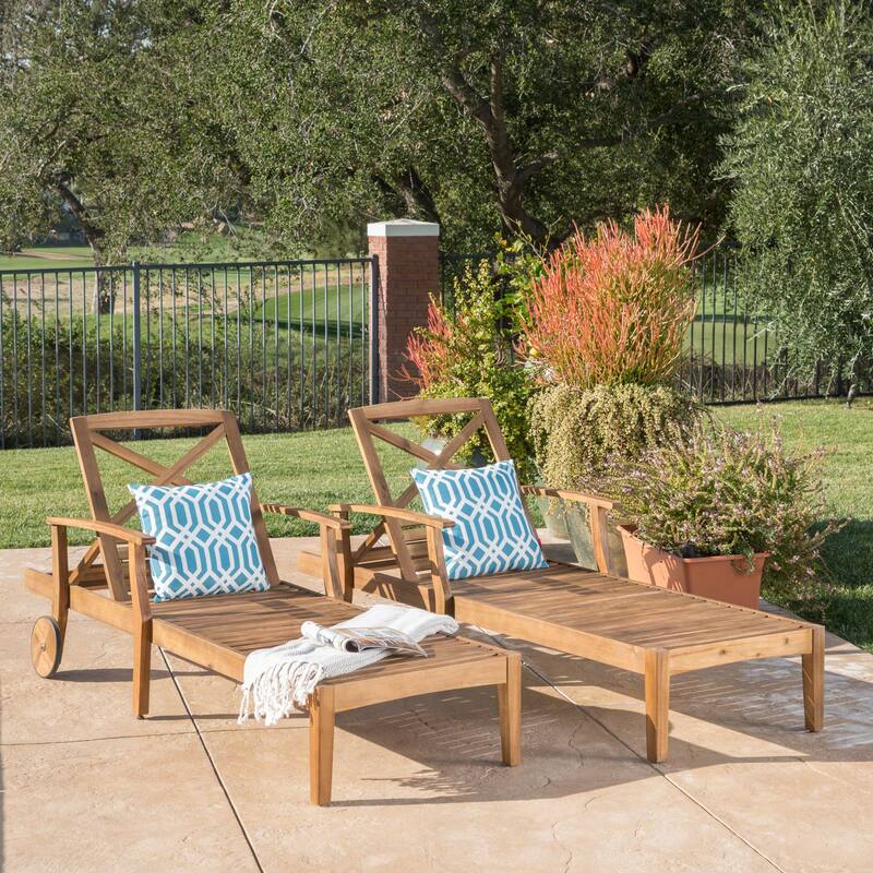 Perla Outdoor Acacia Wood Chaise Lounge (Set of 2) by Christopher Knight Home - Brown