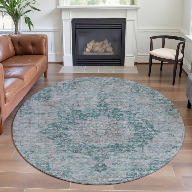 Premium Washable Super Soft Vintage Traditional Mayfield Rug - Teal - 8' x 8'
