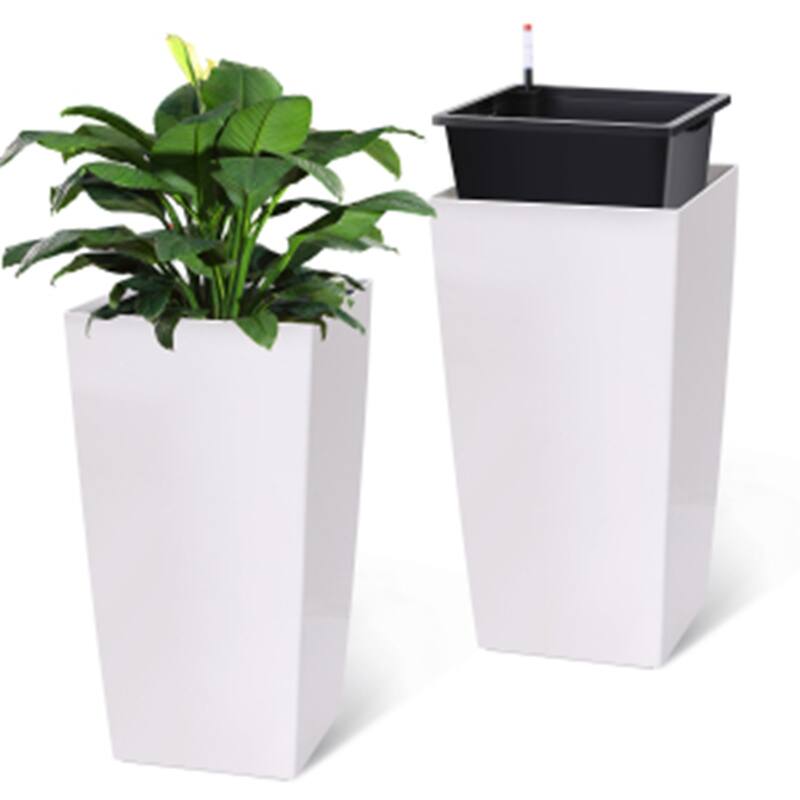 2-Pack 30Inch Tall Rectangular Planters with Drainage Holes Water Level Monitor and Wheels Black - White