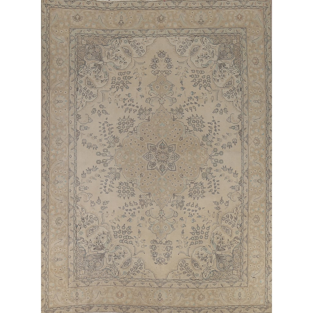 Tabriz Persian Vintage Area Rug Hand-Knotted Beige Floral Wool Carpet - 9'7"x 11'11"