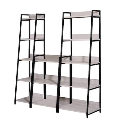 Wooden Bookshelf with 5 Open Compartments, Washed White and Black