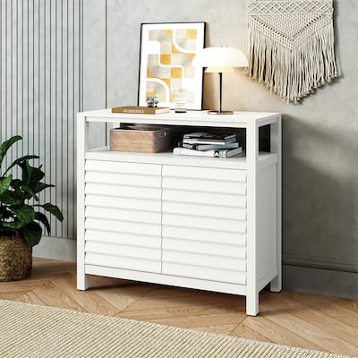 Accent Cabinet with Louver Doors, Open Shelf Storage for Living Room