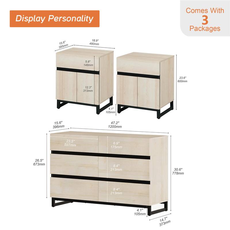 3-Piece Dresser And Nightstand Set, Dresser With 6 Drawers, 2 Nightstand for Bedroom, Bedroom Furniture Set