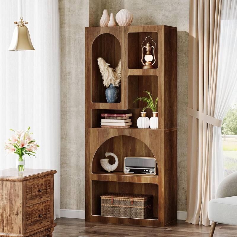 70 Inches Tall White Arched Bookcase with 5 Irregular Storage Shelves - 1PC - Brown