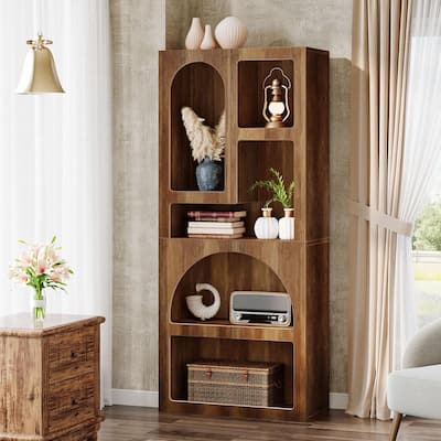 70 Inches Tall White Arched Bookcase with 5 Irregular Storage Shelves
