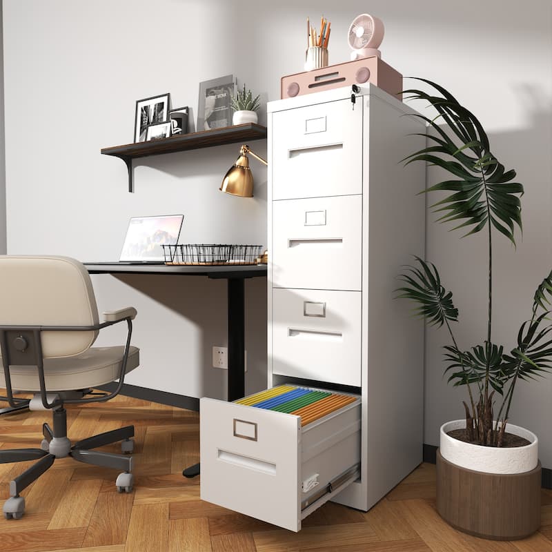 4 Drawer Metal Vertical Black Filing Cabinets with Lock for Home Office,Letter/Legal/A4/F4 Size - White