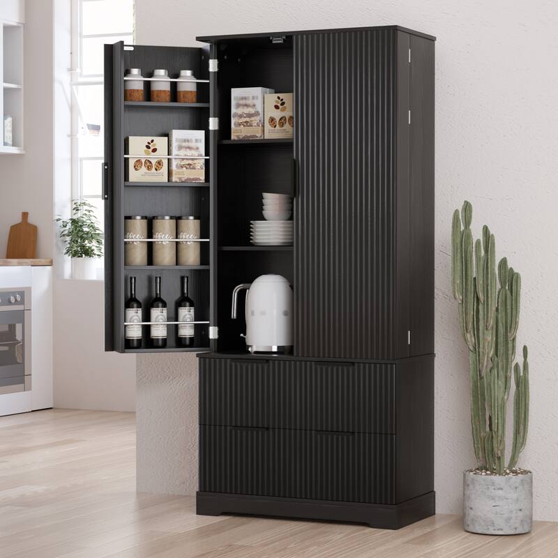 71.65" H Fluted Kitchen Pantry Cabinet, Freestanding Storage Cabinet Buffet Sideboard with 2 Large Drawers & 8-Door Spice Rack