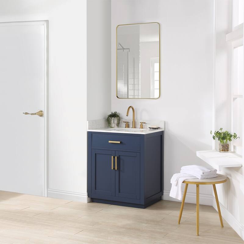 Altair Gavino Bath Vanity with Grain White Composite Stone Top and Mirror - 30 inch - Royal Blue+Brushed Gold