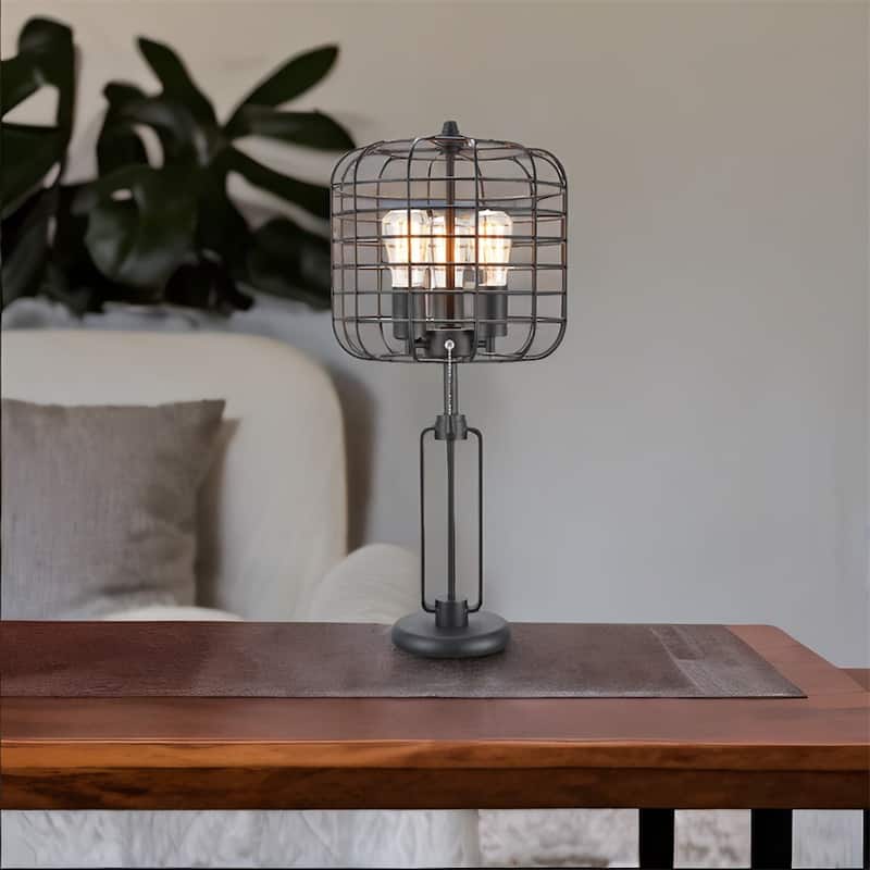 Cage Style Table Lamp with Edison Bulb - Black